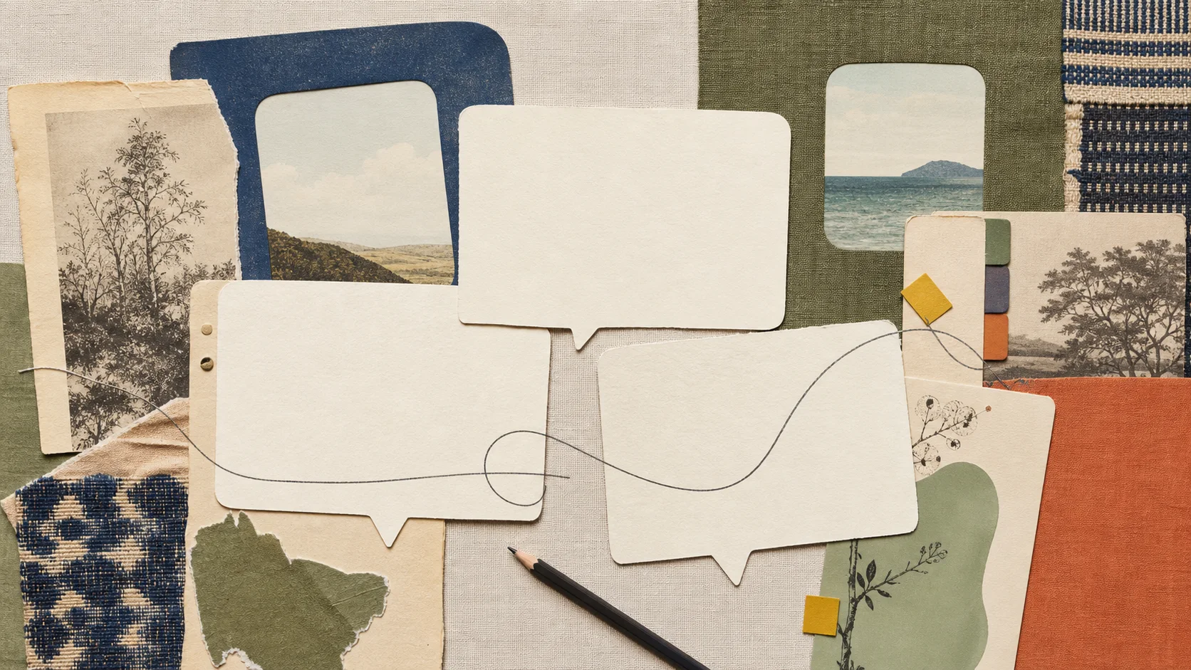Paper conversation cards and source pages layered with colorful woven and printed textures