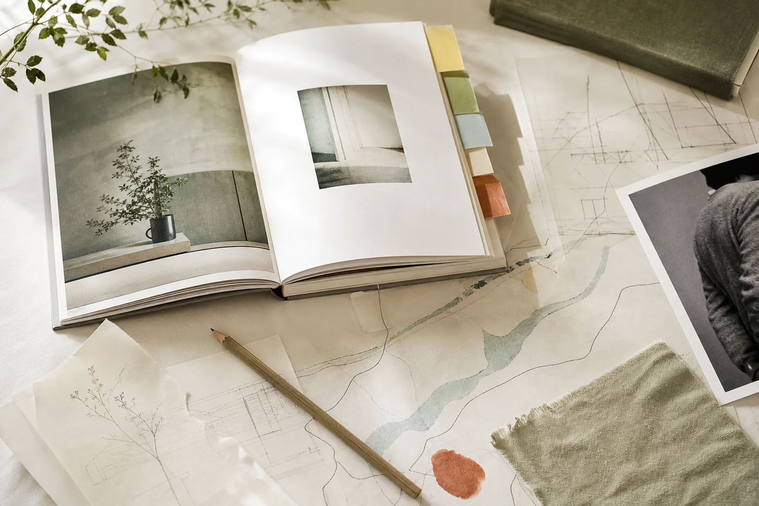 A contemporary monograph, working notes, index tabs, and hand-drawn pathways spread across a sunlit table