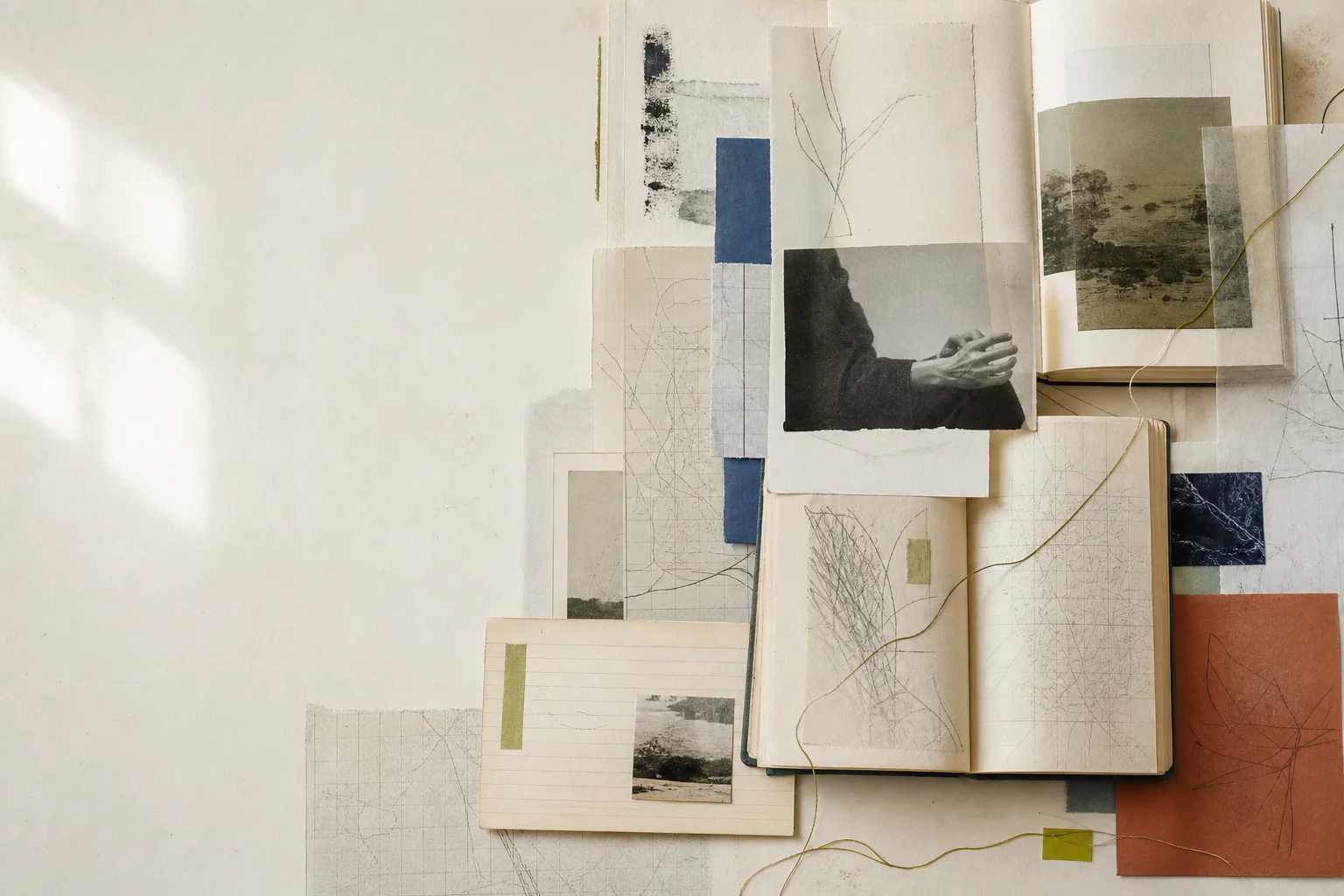 Open books, notes, index cards, and fine connecting lines arranged on a bright studio table